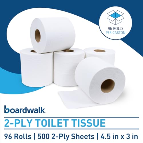Image of Boardwalk 2-Ply Bulk Toilet Paper Rolls for Professional and Commercial Use | 125 Feet Septic Safe Single Roll Toilet Paper Rolls | 500 White 4.5 inch x 3 inch Sheets per Roll | 96 Count per Box