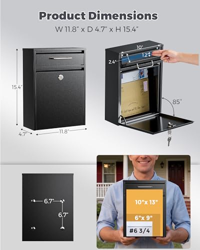 Image of LAND.VOI Large Capacity Mailbox for Outside, Heavy Duty Rustproof, Locking Mailbox, 4 Replaceable Keys, Weatherproof Wall Mounted Mailbox for Residential & Apartment, 15.4 inchx11.8 inchx4.7 inch, Black, Large