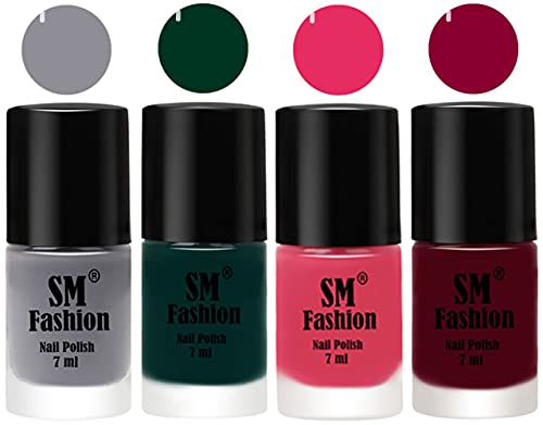 Image of Nail Polish Combo Set (Pack of 4) Quick Dry Gel Finish Nail Paint | Gray,Dark Green,Dark Rose Pink,Boysenberry | 7 ml Each
