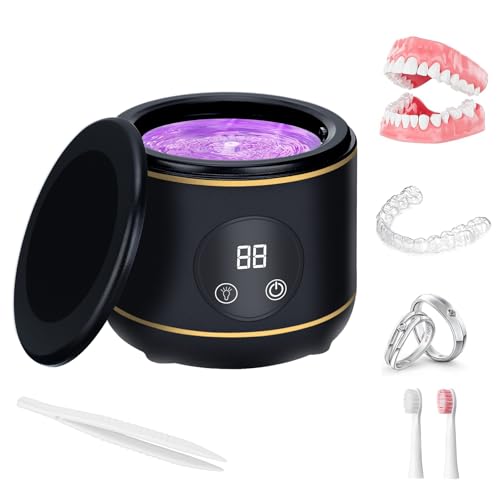 Limpiador ultrasónico de retenedores U-V, Weslery máquina limpiadora de retenedores de 230ml para dentaduras postizas protectores bucales alineadores cabezales de cepillo joyas correas reloj (Black)