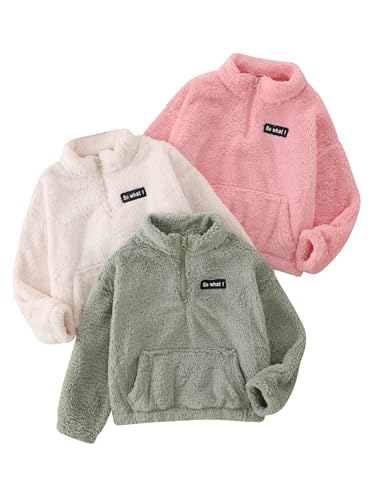Fdqin Little Girls Half Zip Sherpa Fleece Hoodie 3 Packs Pullover Outfit for Playwear Apricot Pink Green 4-5Years