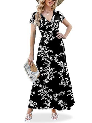 ANRILITA Maxi Dress for Women Wrap V Neck Short Sleeve Empire Pleated Waist Summer Casual Elegant...
