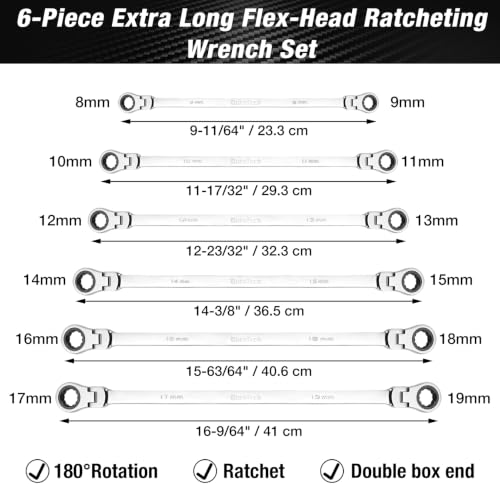 Image of DURATECH Extra Long Flex-Head Ratcheting Wrench Set, Metric, CR-V Steel | Double Box End Wrench Set, 8x9mm, 10x11mm, 12x13mm, 14x15mm, 16x18mm, 17x19mm, with Pouch