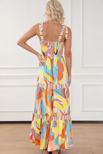 Image of AlvaQ Boho Dress for Women Spaghetti Strap Sleeveless Long Dress A-Line High Waist Beach Maxi Dress Fashion 2025 Yellow Large