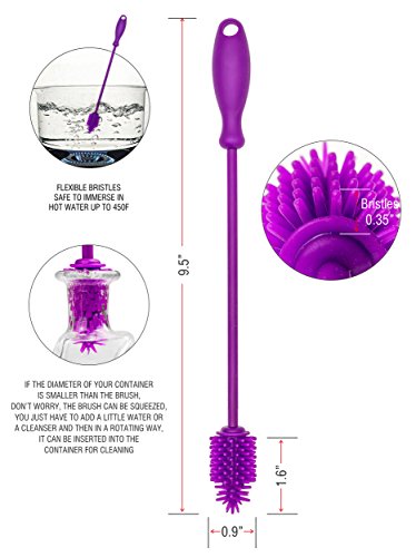 A-Brush Silicone Bottle Brush Cleaner BPA Free - Long Handle Baby Bottle Nipple Brush Ideal for Glass & Plastic Water Bottles Tumblers (Purple Small 9.5") - Thumbnail 2