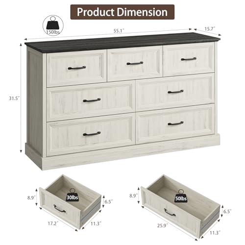 Farmhouse 7 Drawer Dresser for Bedroom, 55 Inch Wide Modern White Dresser TV Stand with Large Drawers & Bar Handles, Rustic Wood Chest of Drawers for Bedroom, Living Room, Hallway, Entryway. - Image 2