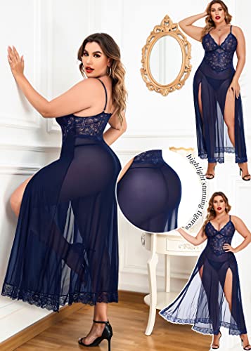 Image of Avidlove Plus Size Lingerie for Curvy Women Long Lace Babydoll Nightdress | V neck sheer mesh nightgown,g-string included,high side slits,adjustable straps,curve-flattering fit,maternity photoshoot