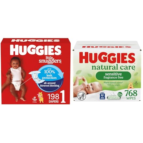 Bundle of Huggies Little Snugglers Baby Diapers, Size 1 (8-14 lbs), 198 Count + Huggies Natural Care Sensitive Baby Wipes, Unscented, Hypoallergenic, 99% Purified Water, 12 Flip-Top Packs (768 Wipes)