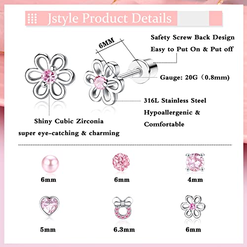Jstyle 6 Pairs Hypoallergenic Screw Back Earrings For Girls Women 316L Stainless Steel Stud Screwback Earrings Cute Tiny Pearl Heart Flower Cz Stud Earrings Set Pink Tone 20G #TOP1