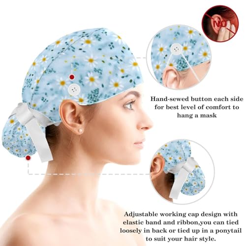 Image of Butterfly Scrub Cap Women with Ponytail & Buttons Adjustable Surgical Nurse Hat with Cotton Sweatband for Long Hair
