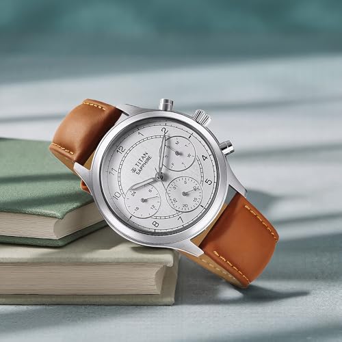 Image of Titan Sapphire Quartz Multifunction White Dial Brown Leather Strap Watch for Men - NT1874SL05