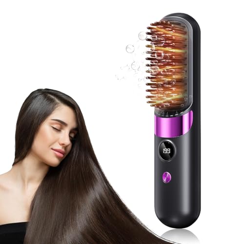 Brosse Lissante pour Cheveux, Mini Brosse Lissante Sans Fil, 4 RéGlages De TempéRature 140-199°,...