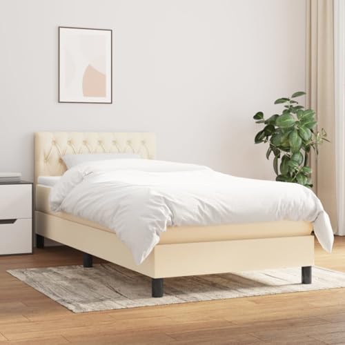 HUAKEHOM Cama con somier con colchón, cama tapizada, cama de hotel, somier de láminas, marco de cama, cama de dormitorio, color crema, 90 x 190 cm, tela