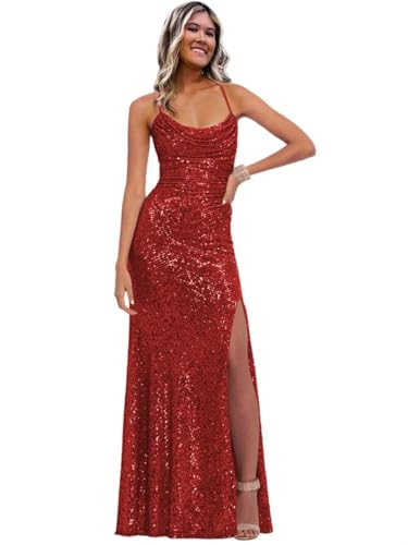 Image of Stylefun Women's Halter Mermaid Prom Dresses with Slit Long Sequin Formal Cocktail Party Dress STN027