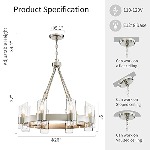 Image of WUZUPS Wagon Wheel Chandelier 8-Light with Clear Glass Industrial Modern Farmhouse Round Light Fixture for Dining Room Kithen Island Foyer, Width 26 inch Height 22 inch, Nickel