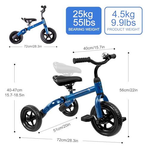 Ancaixin 3 in 1 Toddler Tricycles for 2-5 Years Old Boys and Girls with Detachable Pedal and Bell, Foldable Baby Balance Bike Riding Toys for 2+ Kids, Child Birthday Christmas New Year Gift Blue - Thumbnail 7