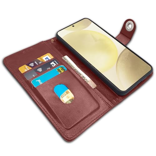 Image of Pikkme Samsung Galaxy S24 5G Flip Cover Leather Finish | Inside TPU with Card Pockets | Wallet Stand and Shock Proof | Complete Protection Button Flip Case (Brown)