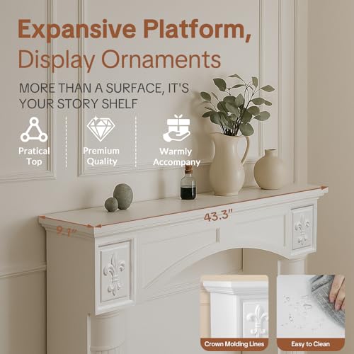 Image of HOMEDIARY 43.3 inch Fireplace Mantel, Freestanding Fireplace Surround with Leg for Electric Fireplaces, MDF Mantel Surround with Shelf for Living Room with Decorative Pattern, Anti-Tipping & Waterproof