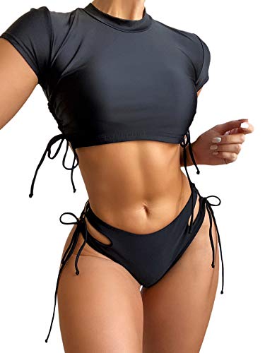 Sweatyrocks Women's Short Sleeve Rash Guard Swimsuit Cut Out Tie Side 2 Piece Bathing Suit Black S #TOP4