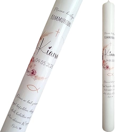 Emily - Vela para bautizo o comunión, para niñas y niños, con corona de flores, corazón cruzado natural, flores silvestres, personalizable con nombre y fecha
