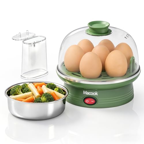 Macook Egg Cooker & Stainless Steel Steamer, 7 Egg Capacity Electric Egg Boiler, Quick Boiling, Auto-Off, 350W, Green - Includes Measuring Cup, Stickers & Removable Tray (Green)