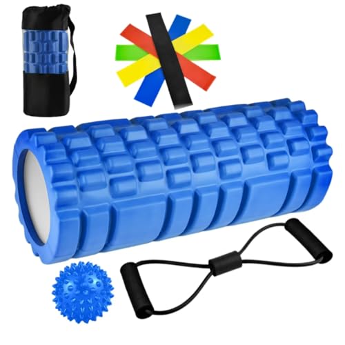 Rouleau de Massage Kit 9 in 1 Foam Roller Rouleau Massage Dos Musculaire Pilates Jambes Nubs Exercice Jambe avec Balle de Massage,Bandes de Résistance, pour Massage Profond des Muscles 33x14cm Bleu