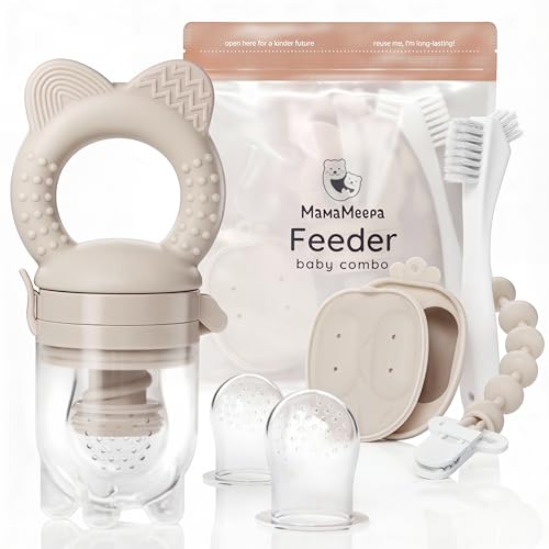 MAMAMEEPA Baby Fruit Feeder & Popsicle Molds Set Baby Food Feeder Nibbler Breastmilk Popsicle Molds Grip Handle Safety Strap & Cleaning Brush Feeding Essentials 612 Months Grey