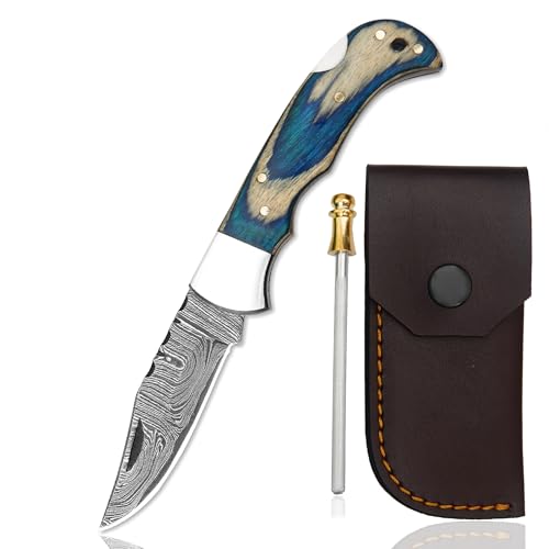 SC Handmade Damascus Steel Folding Pocket Knife with Blue Wooden