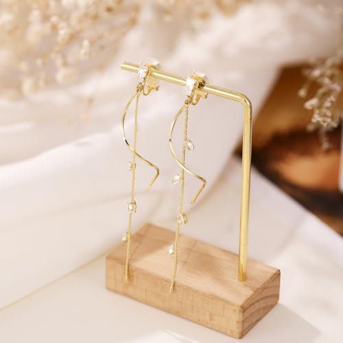 Gold/Silver Clip on Earrings Non Pierced for Women - 14K Gold Plated Long Tasse Drop Dangle Clip Earrings - Cubic Zirconia Leaf Earrings for Women Gold Wedding Jewelry Gifts4