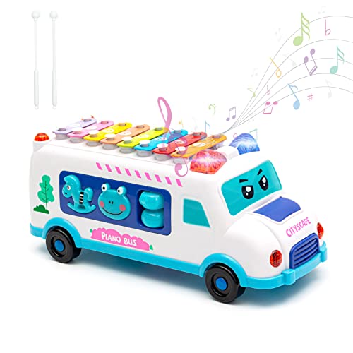 Jomifin Toddler Music Bus Toy, Push Pull Bus Toy, Baby Musical School Bus with Xylophone Musical Light-up Activity Toy Vehicle Educational Toys Birthday Xmas Gift for Boys Girls