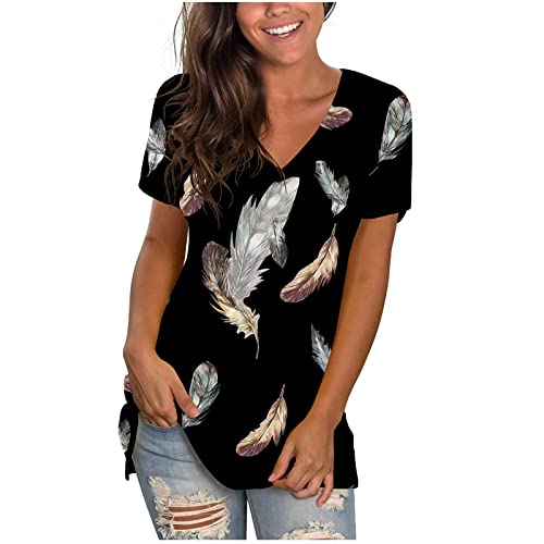 Womens Tops Summer V Neck Short Sleeve T Shirts for Women Side Slit Floral Blouse Ladies Slim Casual Tunic Graphic Tees