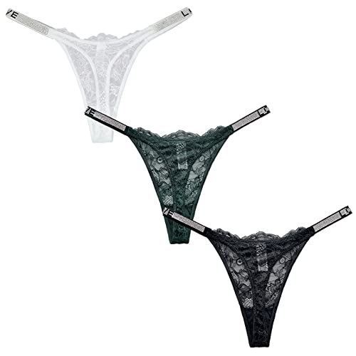 Lace T-Back Panties For Women Glitter Lingerie Sexy Thongs Underwear Floral Lace Low Rise G-String Adjustable With Rhinestones Xl #TOP25