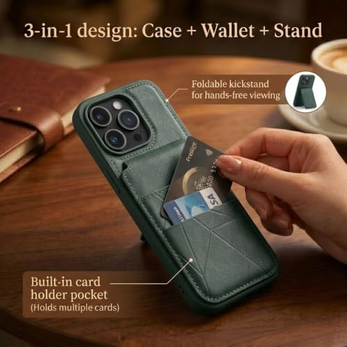 Image of amazon basics Premium Vegan Leather Back Cover with Card Holder and Integrated Mobile Stand for iPhone 16 Pro - Slim Shockproof Wallet Case with Geometric Stitching [Green]