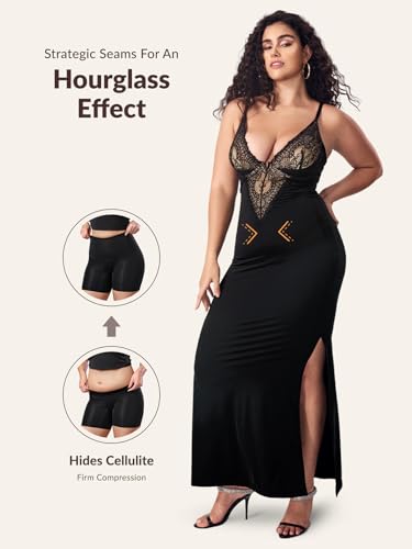 Image of Women's Summer Built-in Bra and Shapewear Bodycon Sexy Maxi Dress with Lace Deep V-Neck and Spaghetti Straps