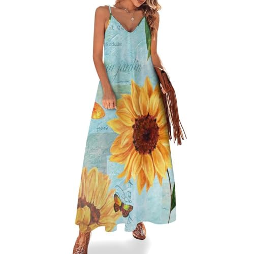 Robe maxi été sans manches pour femme motif papillon tournesol fluide