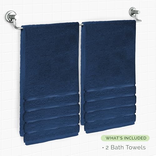 Image of Elegant Comfort 100% Turkish Cotton 4 Lines Viscose Stripe Luxury 2 Pack Bath Towel Set 27 x 54 Inch - Super Soft and Highly Absorbent Premium Hotel Spa Quality Towels for Bathroom Use, Navy Blue