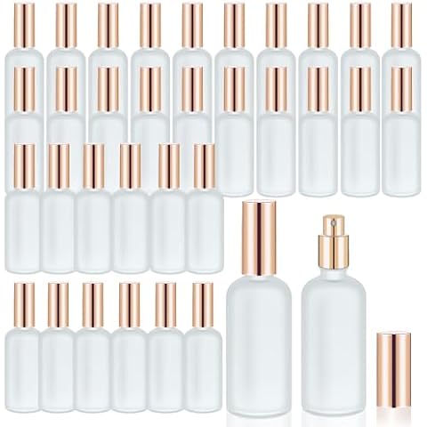 Olutacot 32 Pcs Glass Spray Bottle Empty Frosted Glass Bottles Reusable Glass Perfume Bottle Cosmetic Glass Container with Fine Mist Sprayer Pump for Travel Face Body Sprays (Rose Gold) Cover