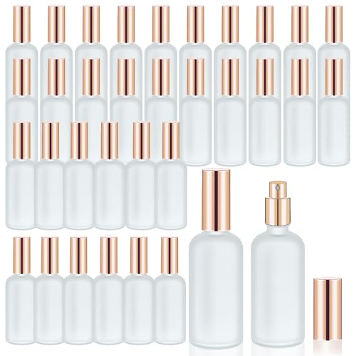 Olutacot 32 Pcs Glass Spray Bottle - Empty Frosted Reusable Perfume Bottle Cosmetic Container With Fine Mist Sprayer Pump for Travel Face Body Sprays (Rose Gold)