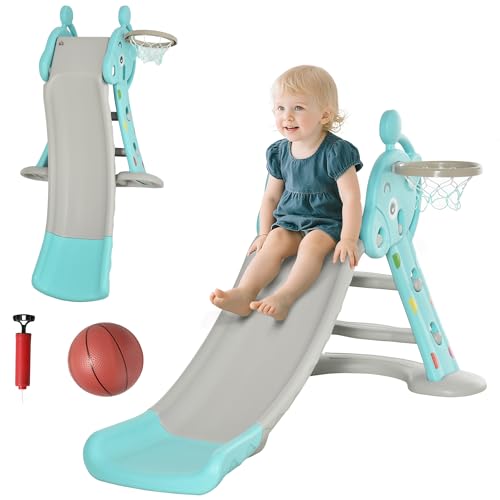 HOMCOM Tobogán para Niños +18 Meses Plegable 2 en 1 con Canasta de Baloncesto Modelo Jirafa Juguete Infantil para Interiores y Exteriores 147x82x85,5 cm Azul y Gris