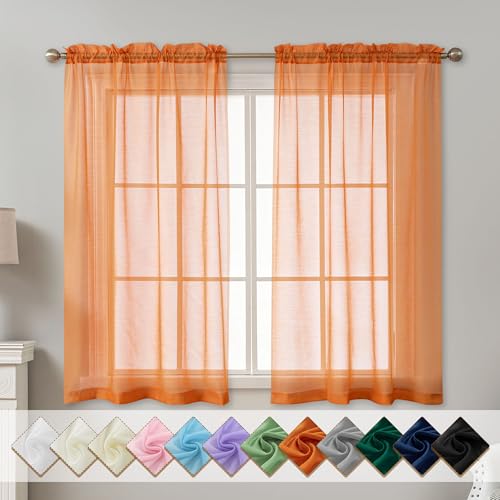 Image of Orange Sheer Curtains 54 Inch Length, Privacy Semi Sheer Curtains for Dining Room Kitchen, Light Filtering Rod Pocket Voile Window Drapes 2 Panels Set, Each 42 inch W x 54 inch L