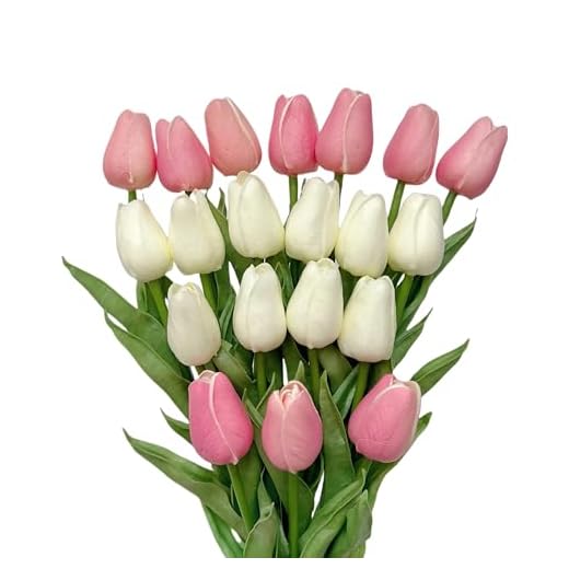 EasyLife - Juego de 20 Tulipanes de imitación de 12,6 Pulgadas, para decoración de Bodas en Interiores y Exteriores, Cocina, Oficina, cafetería, decoración del hogar (Blanco y Rosa)