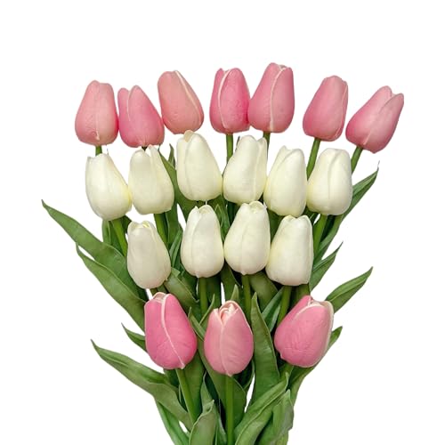 Hepeng 20 Tulipanes Artificiales de 32,5 cm, PU Real Touch, Flores Decorativas para Bodas, Hogar, Oficina, Fiesta, Mesa, Jardín, Navidad y Eventos en Interiores y Exteriores (Blanco y Rosa)