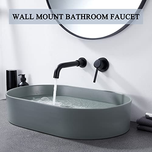 Yardmonet Wall Mount Bathroom Faucet Matte Black, Single Handle Wall Mounted Bathroom Sink Faucet, 360° Swivel Solid Brass Long Spout, Rough-In Valve Included #TOP1