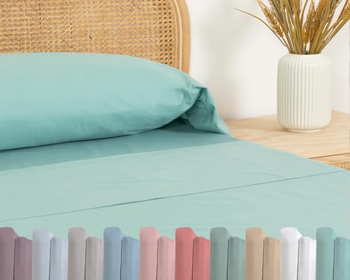TRAMAS+ Sábana Bajera Cuadrada y Media sábana 140 x 200, 100% algodón, Ropa de Cama, sábana y 2 Fundas de Almohada, Standard 100 by Oeko-Tex - Green Tiffany