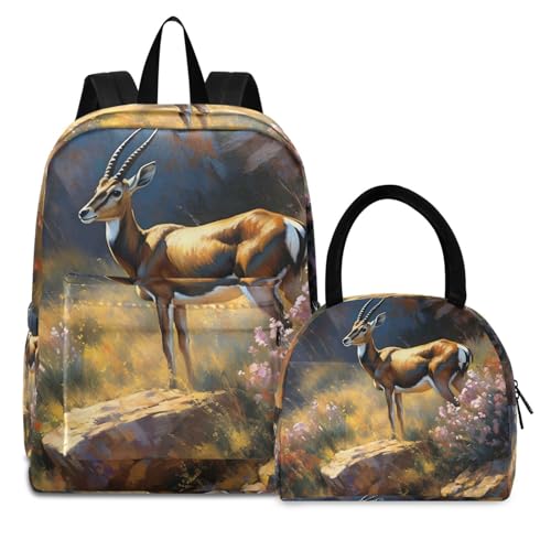 Backpack Lunch Box Set Large Capacity Travel Backpacks and Insulated Lunch Bag for Commute Hiking Picnic Gazelle Bush Print