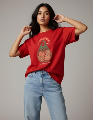 Image of Oversized Cotton T-Shirt for Women Half Sleeve Pomodoro Printed Tee - Breathable Loose Fit Asthetic Casual Wear for College and Daily Ou Outfits, Streetwear