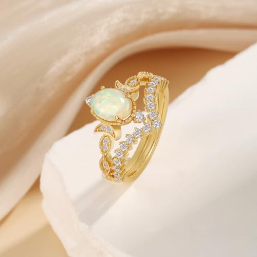 Opal Wedding Ring Sets for Women Center 1 CT Oval Opal Engagement Ring Set with Moissanite 10K 14K 18K Gold Ring Platinum Plated Star Wedding Sets for Her4