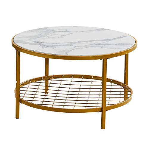 Round Shelf Storage Coffee Table, Faux Marble/Gold/Glass