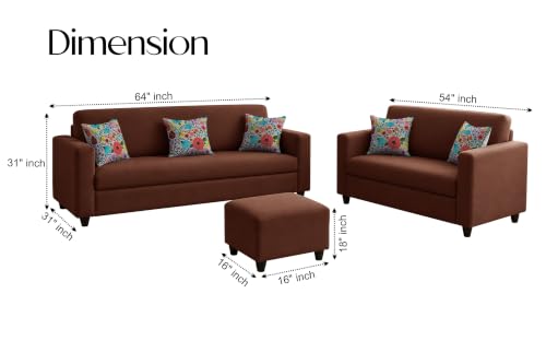 Image of Rosebell 3+2 Fabric Sofa Set with Ottoman | Premium Upholstery 5-Seater Sofa | with Printed Cushions | Living Room Furniture |Brown-Color