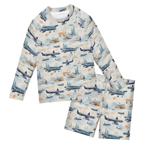 Plane Toy Cute Boys Rash Guard Swimsuits Set for Boys Long Sleeve Swim Shirts Bathing Suits with Trunks B0402977